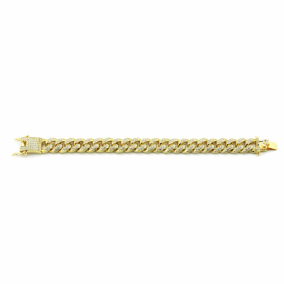 .925 Silver 14k Gold Full AAA Hand Set Pave Stone Miami Cuban Link Chain Bracelet