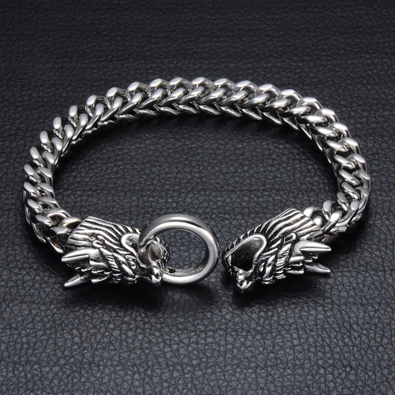 Mens 316L Stainless Steel Foxtail Chinese Style Dragon Chain Bracelet