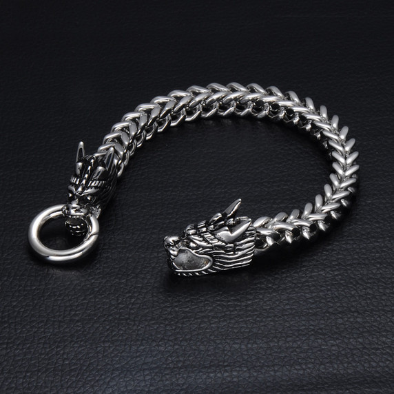 Mens 316L Stainless Steel Foxtail Chinese Style Dragon Chain Bracelet