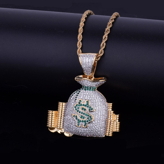 18k Gold Silver Money Bag Stack Cash Coins AAA True Micro Pave Hip Hop Chain Pendant