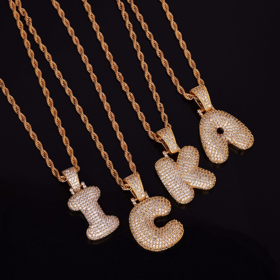 24k Gold .925 Silver AAA Micro Pave Flooded Ice Custom Bubble Letters Initials Hip Hop Chain Pendant