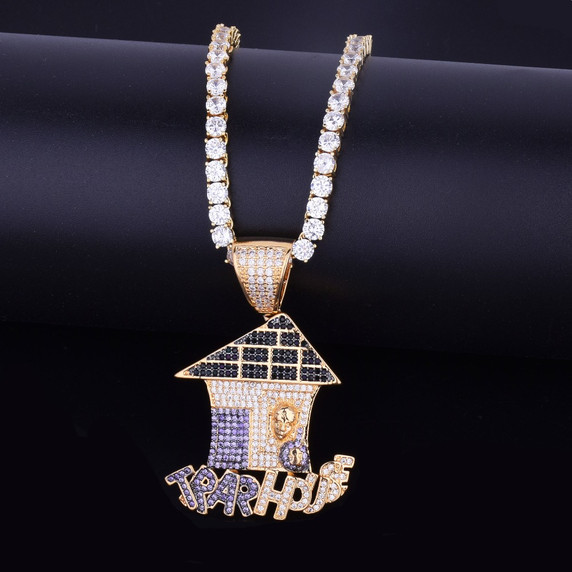 18k Gold .925 Silver Multi Color Flooded Ice Trap House AAA True Micro Pave Pendant Chain Necklace