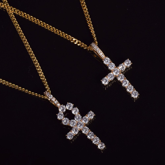 Iced Out Key To Life Ankh Cross 14k Gold Silver African Egyptian Pendant Chain Necklace Set