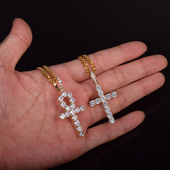 Iced Out Key To Life Ankh Cross 14k Gold Silver African Egyptian Pendant Chain Necklace Set