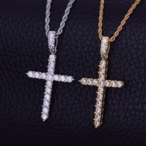 18k Gold .925 Silver AAA Micro Pave Classic Ancient Cross Bling Pendant Chain Necklace