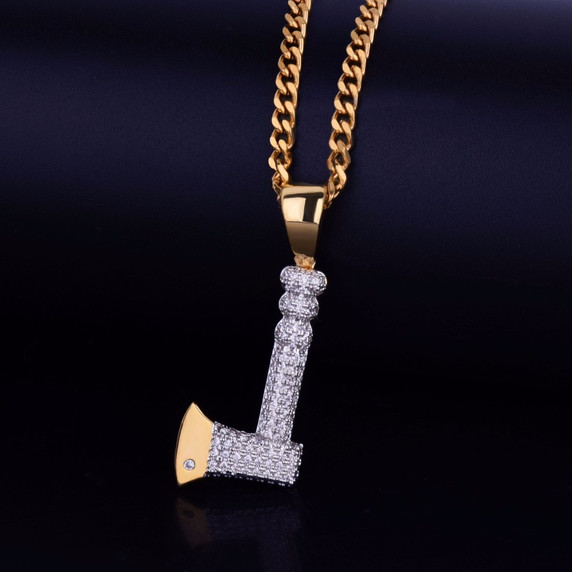 Flooded Ice AAA True Micro Pave 18k Gold Throwing Axe Hip Hop Pendant Chain Neckalce