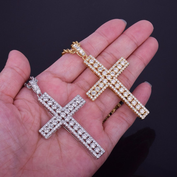 Mens 18k Gold .925 Silver Ultra Ice Silver Hip Hop AAA Micro Pave Cross Pendant Chain Necklace