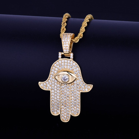 AAA Flooded Ice Fatima Hand True Micro Pave 18k Gold .925 Silver Hip Hop Chain Pendant