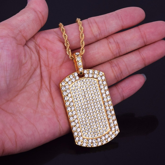 Flooded Ice AAA Cluster Handset Stone Dog Tag 14k Gold Bling Chain Pendant