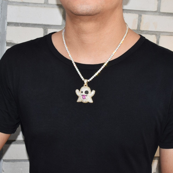 AAA Micro Pave SnapChat Ghost Emoji 18k Gold .925 Silver Hip Hop Chain Neckalce