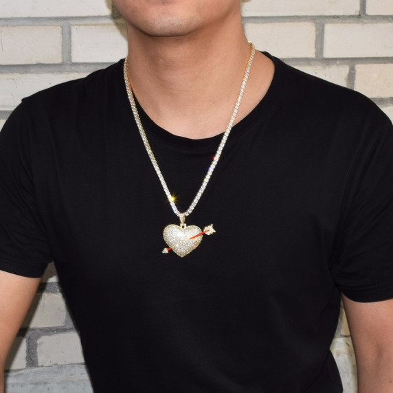 Blinged Out .925 Silver 18k Rose Gold Arrow Through Heart Flooded Ice Pendant Chain Necklace