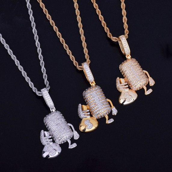 18k Gold .925 Silver Microphone Money Bag Hip Hop Pendant Chain Necklace