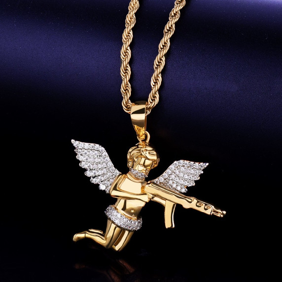 18k Gold Chopper Ak47 Angel Cherub Hip Hop Pendant