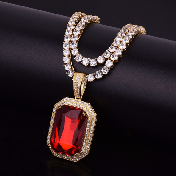 Flooded Ice Ruby Red Gemstone Hip Hop Pendant With 4mm Tennis Chain Necklace