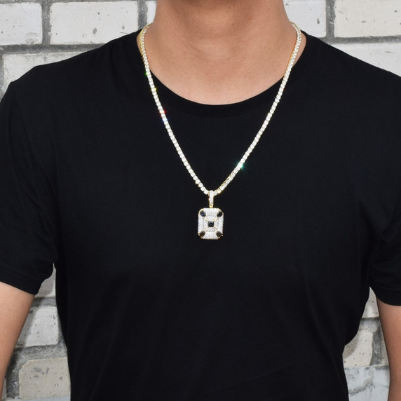 Black Solitaire Big Boy Square Center Stone Unique Designer Hip Hop Pendant Chain Necklace 