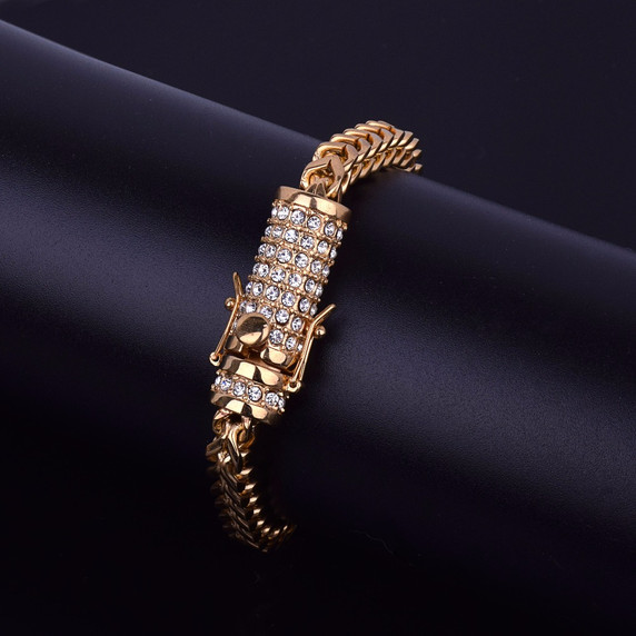 14k Gold Box Clasp Simulated Diamond Fox Franco Link Stainless Steel Bracelet