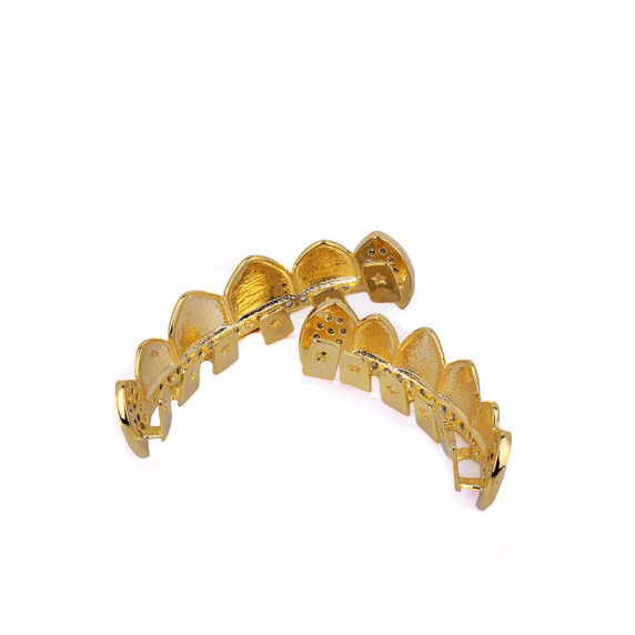 14k Gold Hip Hop Teeth Tooth Iced Out Micro Pave Fang Mouth Grillz Top and Bottom