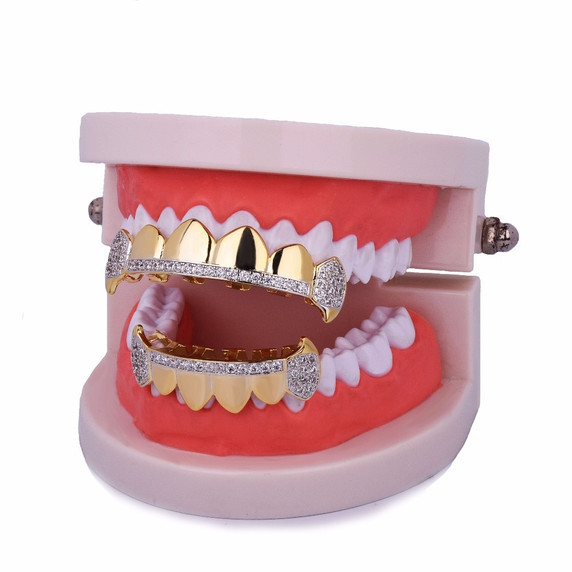 14k Gold Hip Hop Teeth Tooth Iced Out Micro Pave Fang Mouth Grillz Top and Bottom