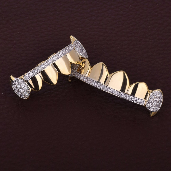 14k Gold Hip Hop Teeth Tooth Iced Out Micro Pave Fang Mouth Grillz Top and Bottom