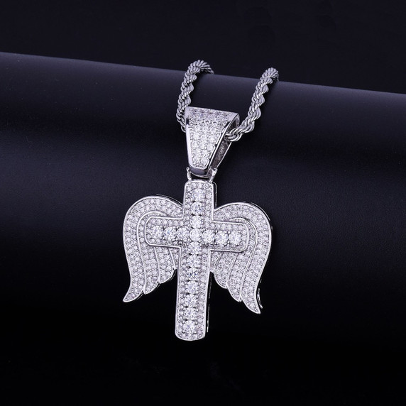 Flooded Ice 18k Gold .925 Silver Cross Angel Wings Hip Hop Necklace Chain Pendant