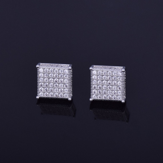 Mens AAA Micro Pave Hip Hop Square Cut Bling Bling 12mm Earrings 14k Gold Silver