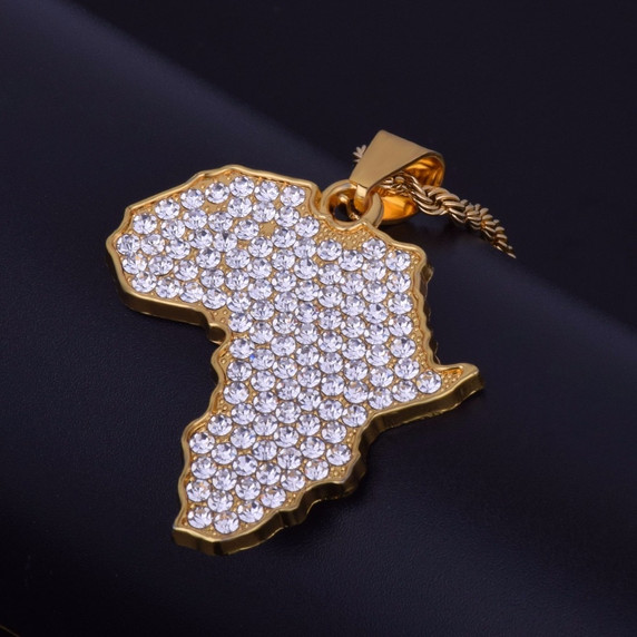 Simulate Diamond Africa Map 14k Gold Bling Bling Pendant Chain Neckalce