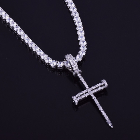 Jesus Nail 14k Gold Silver Micro Pave Cross Pendant With 4mm Tennis Chain Necklace 