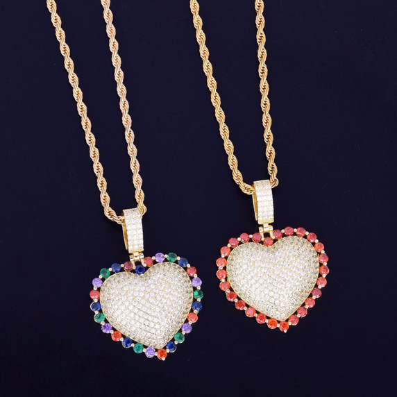 Ladies Rainbow Simulate Diamond Micro Pave Heart Pendant Chain Necklace