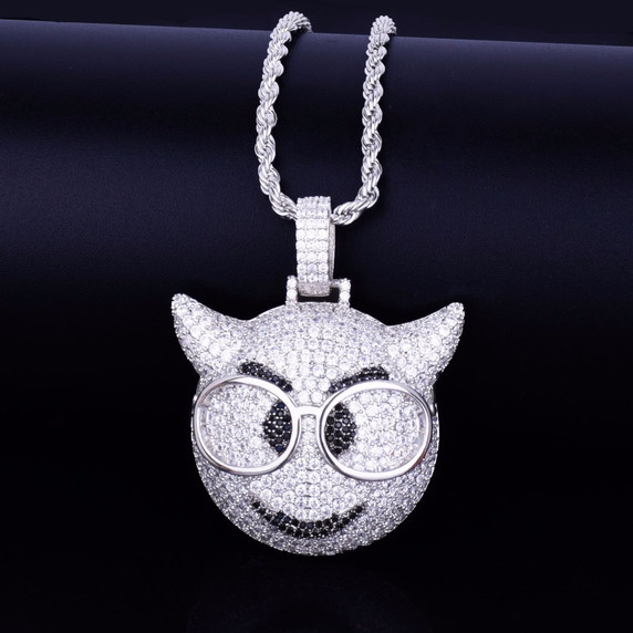 18k Gold .925 Silver AAA True Micro Pave Glasses Demon Emoji Bling Pendant Chain Necklace