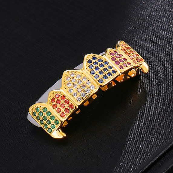 Iced Multi-Color Fang Blinged Out Teeth Hip Hop Grillz Top Bottom 14k Gold Set