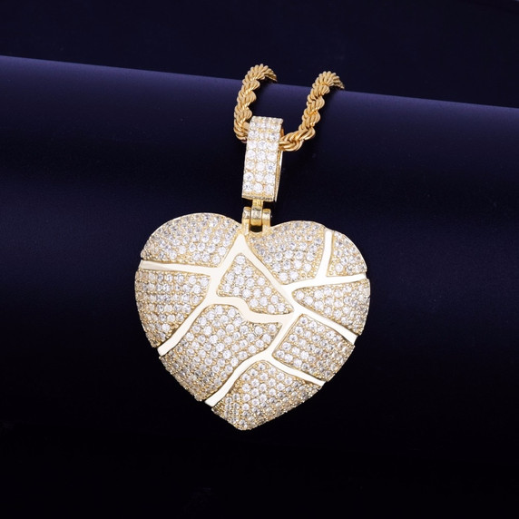 .925 Silver 18k Gold AAA Micro Pave Broken Shattered Heart Iced Pendant Chain Necklace