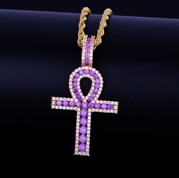 18k Rose Gold .925 Silver Key Of Life Ancient African Egyptian AAA Micro Pave Ankh Cross Pendant