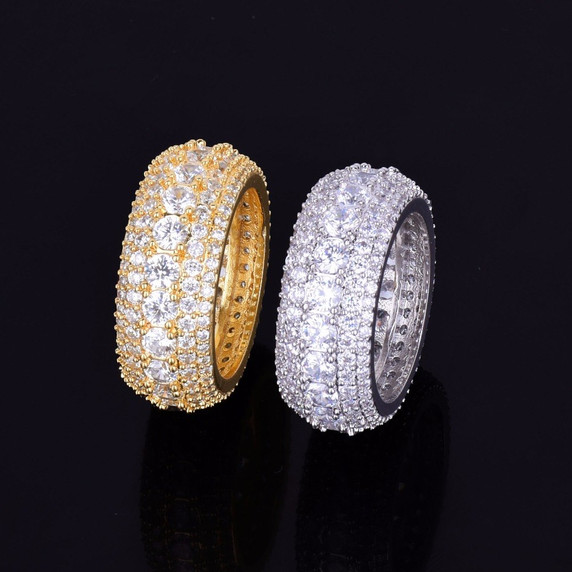 5 Row Micro Pave AAA Mens 18K Gold Silver Flooded Ice Rings