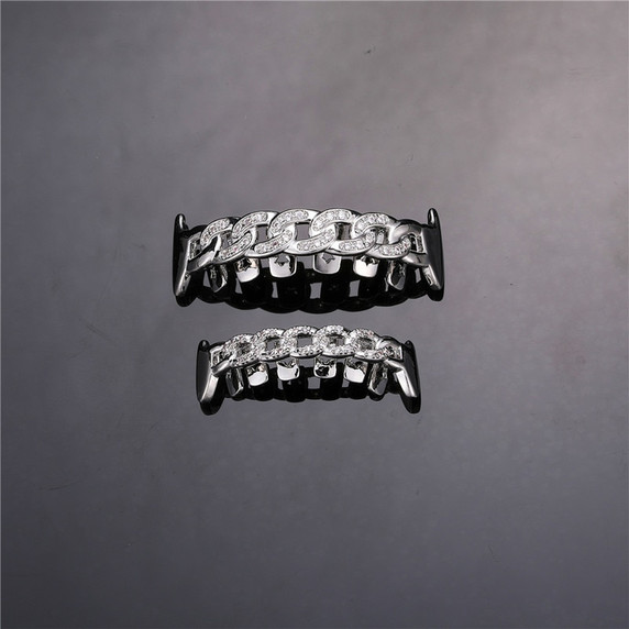 Blinged Out Micro Pave Iced Hip Hop Cuban Link Fang Top Bottom Teeth Grillz Set