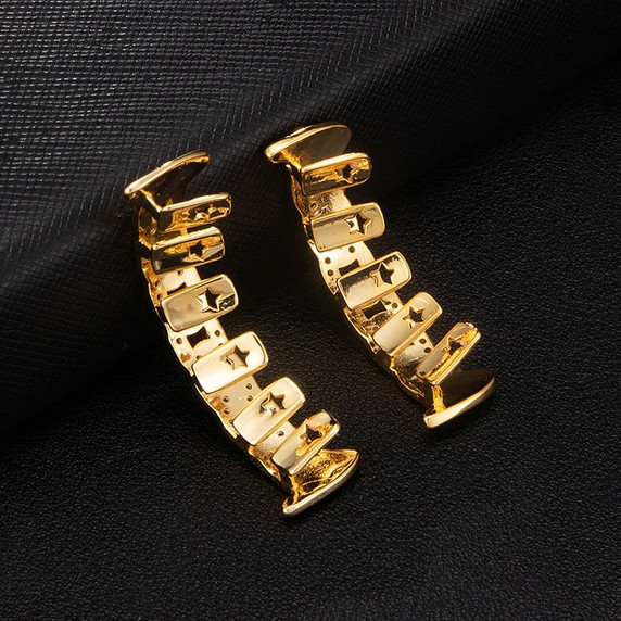 Blinged Out Micro Pave Iced Hip Hop Cuban Link Fang Top Bottom Teeth Grillz Set