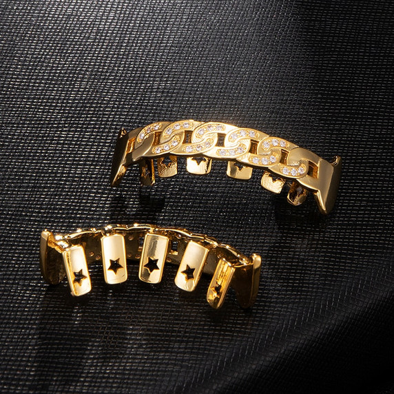 Blinged Out Micro Pave Iced Hip Hop Cuban Link Fang Top Bottom Teeth Grillz Set