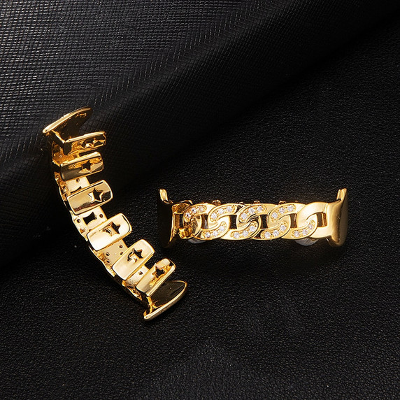 Blinged Out Micro Pave Iced Hip Hop Cuban Link Fang Top Bottom Teeth Grillz Set