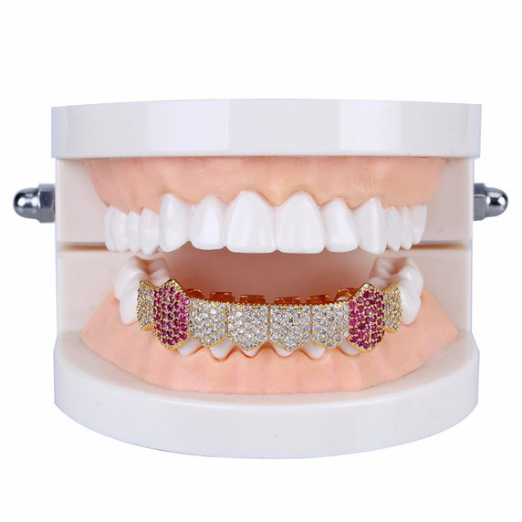 Micro Pave Iced Blinged Out Hip Hop Fang Bottom Teeth Candy Mouth Grillz