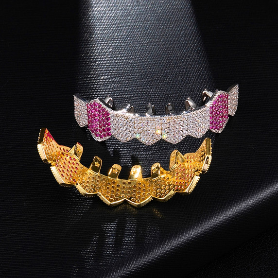 Micro Pave Iced Blinged Out Hip Hop Fang Bottom Teeth Candy Mouth Grillz