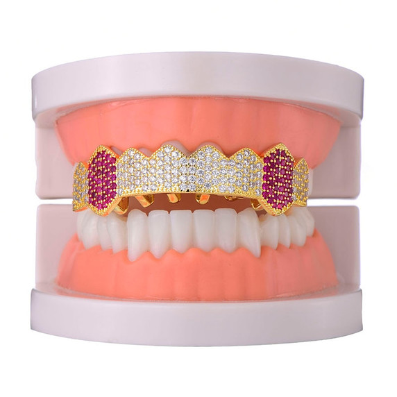 Micro Pave Iced Blinged Out Hip Hop Fang Bottom Teeth Candy Mouth Grillz