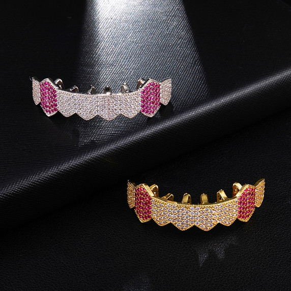 Micro Pave Iced Blinged Out Hip Hop Fang Bottom Teeth Candy Mouth Grillz