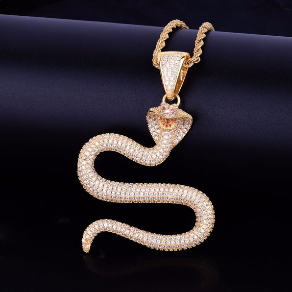 The King Cobra 24k Gold Flooded Ice Micro Pave Snake Pendant Chain Necklace