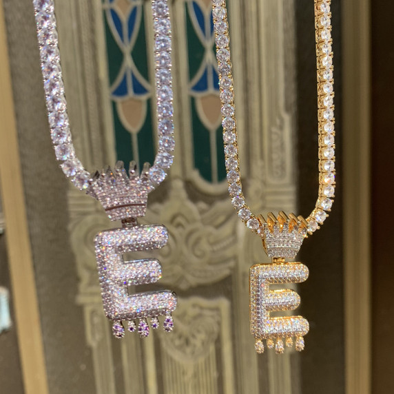 Custom Ice Crown Bail Purple Drip Initials Bubble Letters Gold Silver Bling Chain Pendant