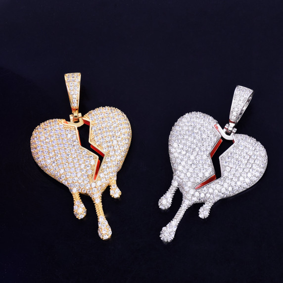 Red Oil Drip 18k Gold .925 Silver Broken Heart AAA True Micro Pave Hip Hop Pendant Chain Necklace