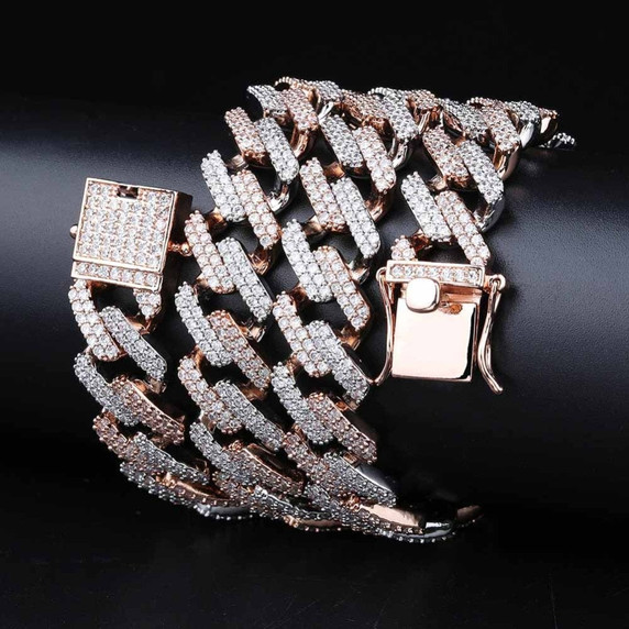 Micro Pave Flooded Ice 14mm Miami Cuban Link Rose Gold Silver Hip Hop Chain Necklace