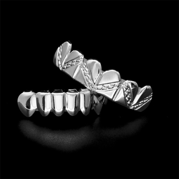 Rose Gold Silver Hip Hop Stripe Teeth Bottom Top Grill Set