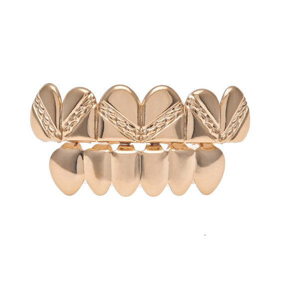 Rose Gold Silver Hip Hop Stripe Teeth Bottom Top Grill Set