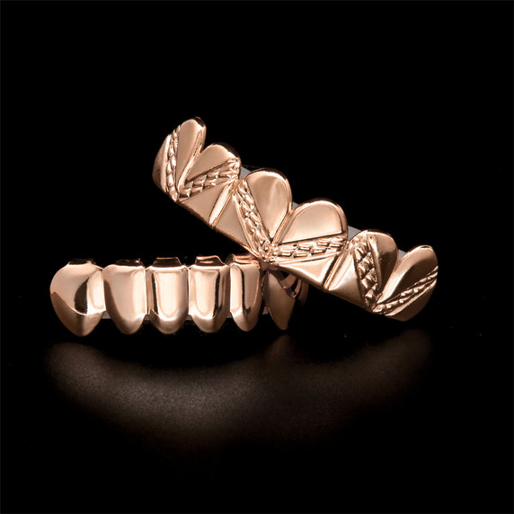 Rose Gold Silver Hip Hop Stripe Teeth Bottom Top Grill Set