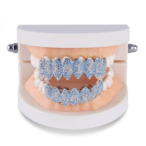 1414 Hip Hop Silver Fangs Teeth Grillz Top Bottom Mouth Grills