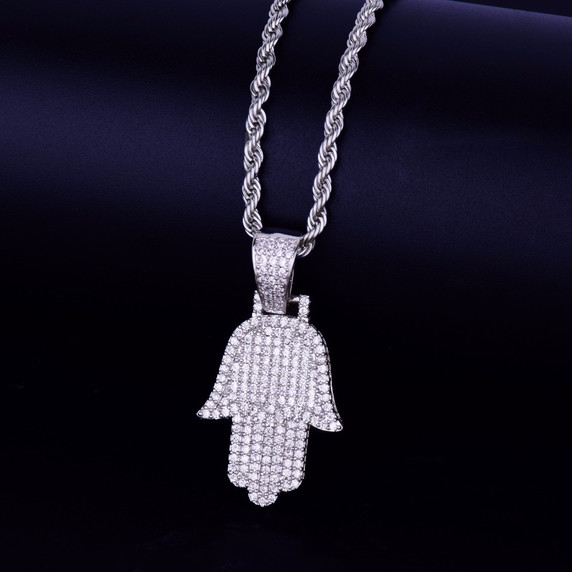 Hamsa Hand 18k Gold .925 Silver AAA Micro Pave Stone Bling Iced Pendant Chain Necklace